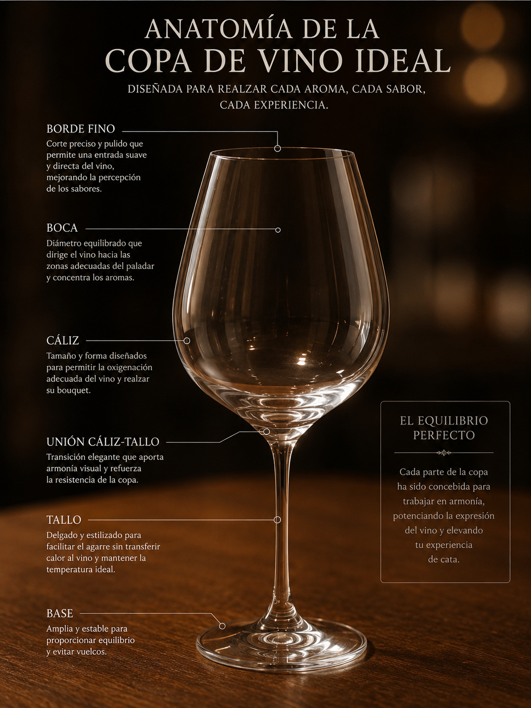 Anatomía de una copa de vino ideal mostrando el cáliz, el tallo aislante y el borde fin
