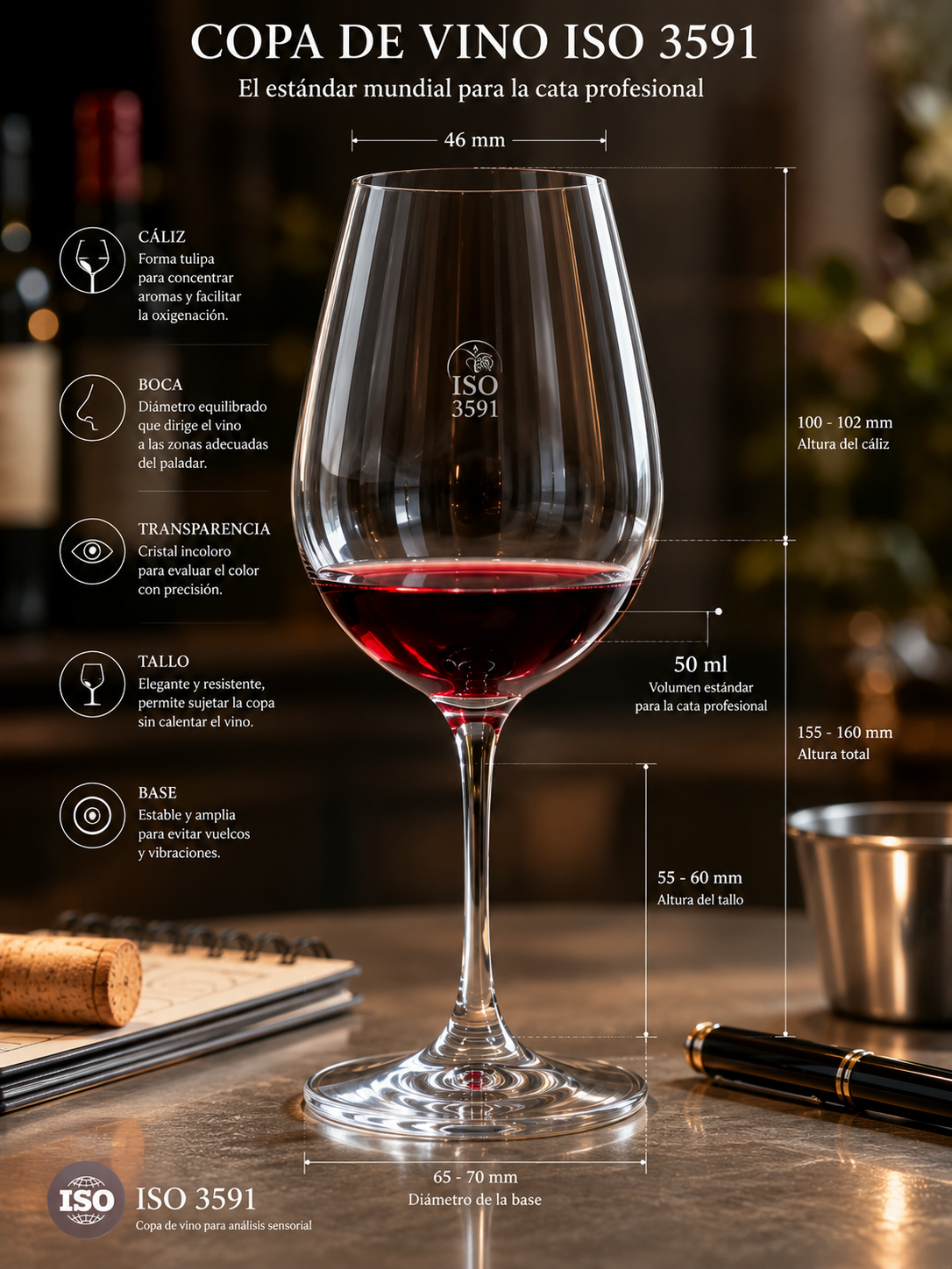 Copa de vino ISO 3591 con 50 ml de vino, el estándar técnico para elegir la copa de vino ideal