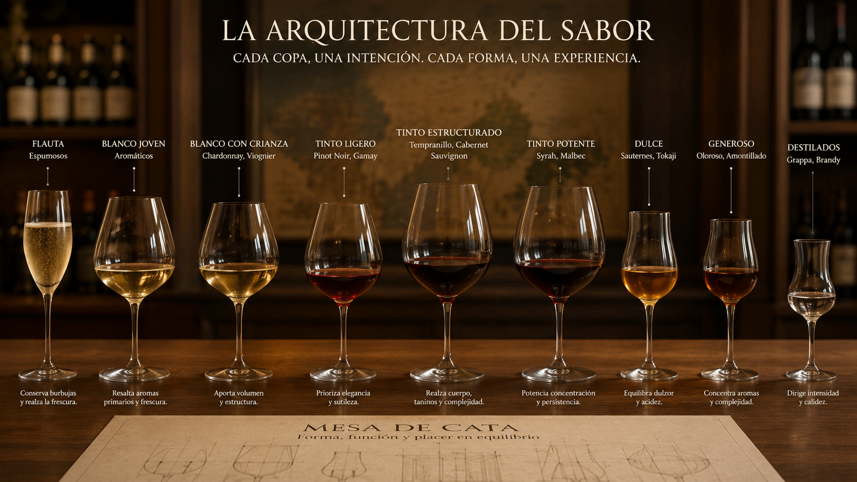 "Comparativa de diferentes formas de copas de vino, ilustrando la geometría de la copa de vino ideal"