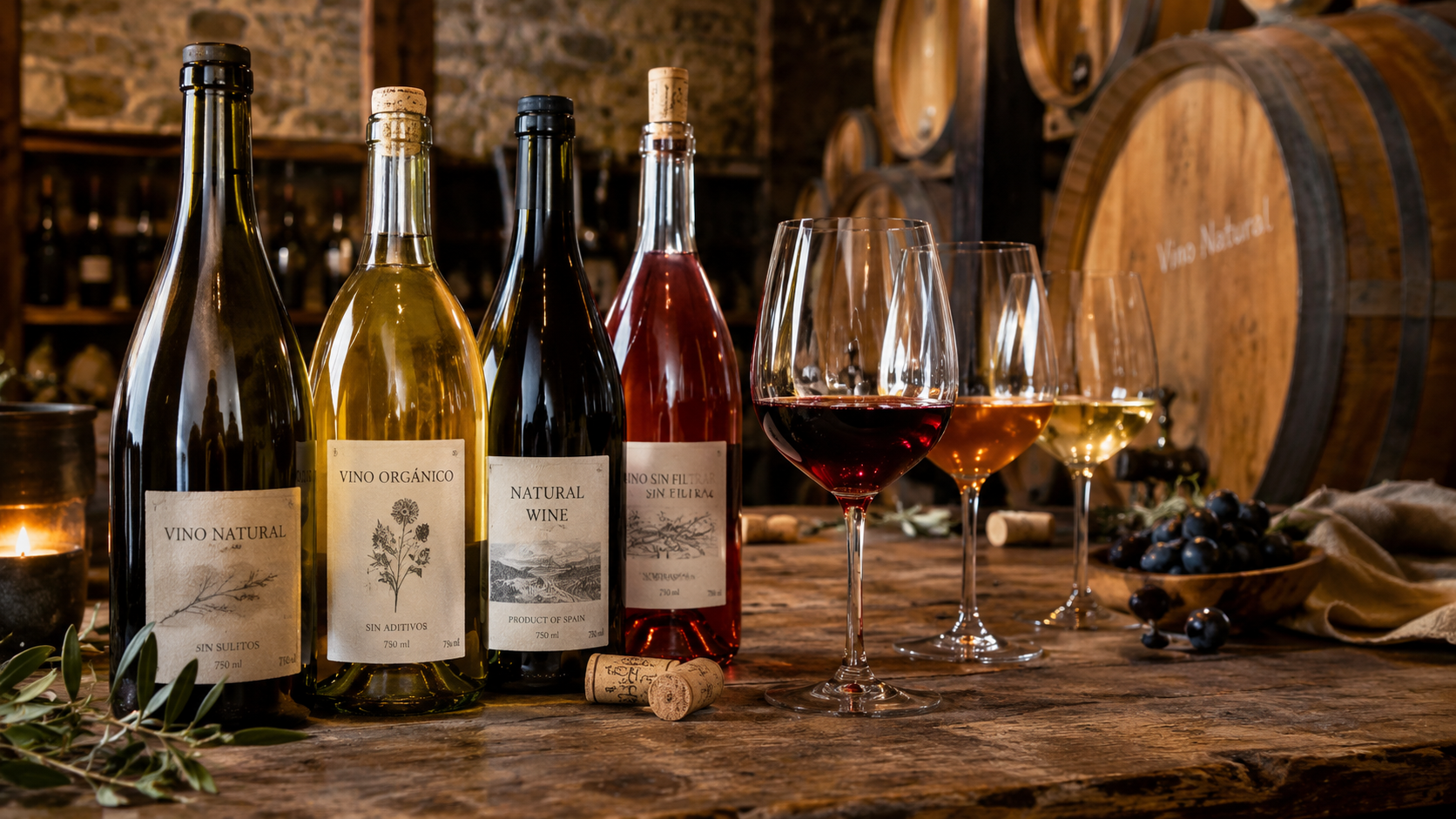 Botellas de vinos naturales y copas de vino en una bodega artesanal.