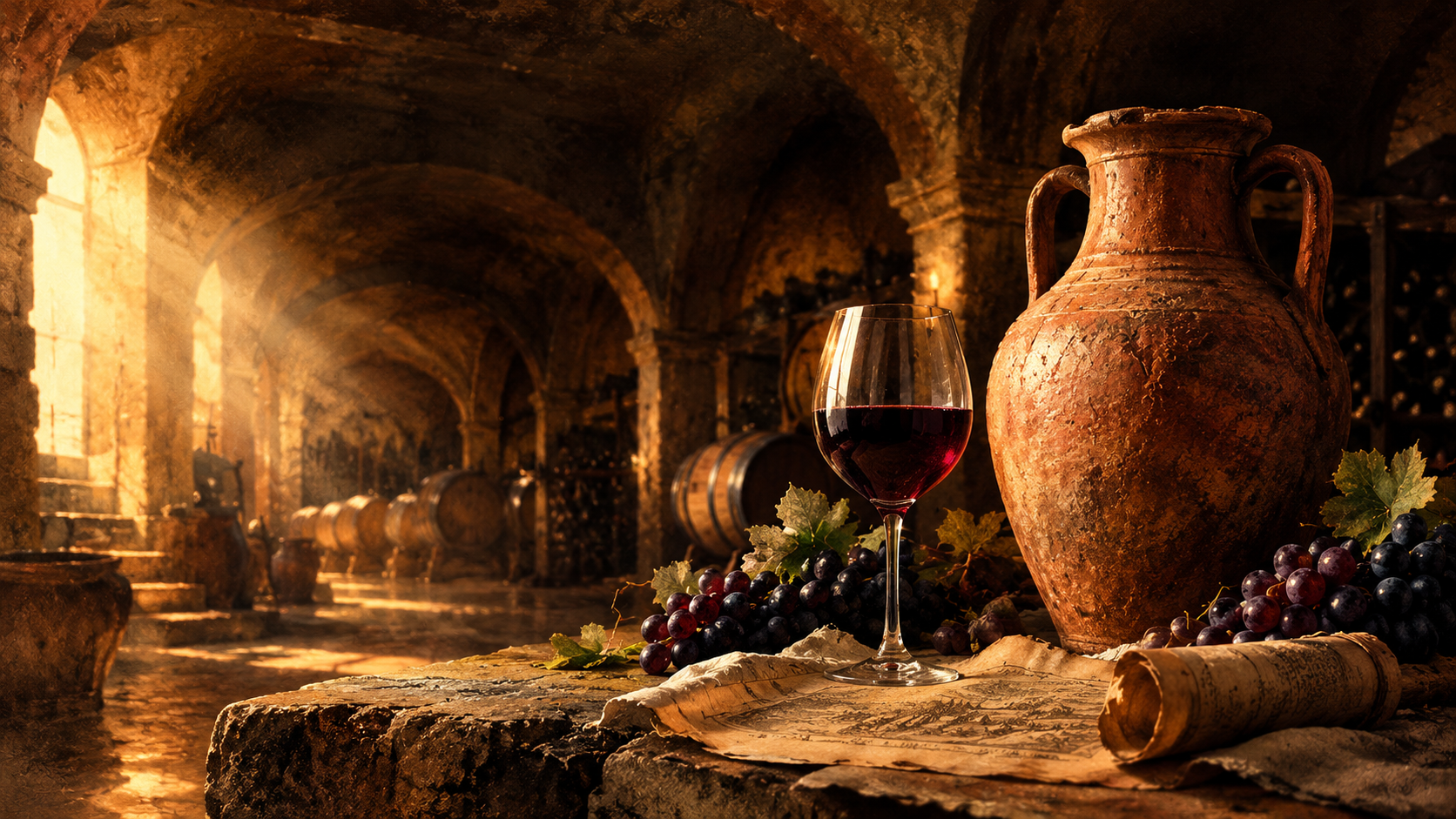Ánfora antigua, uvas y copa de vino como símbolos de la historia social del vino