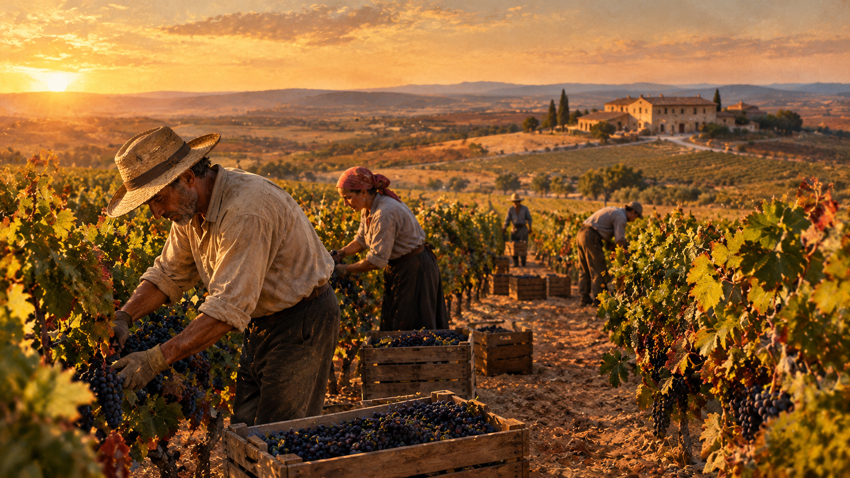 Vendimia en un viñedo de Castilla-La Mancha que representa el vínculo entre vino, territorio y trabajo agrícola