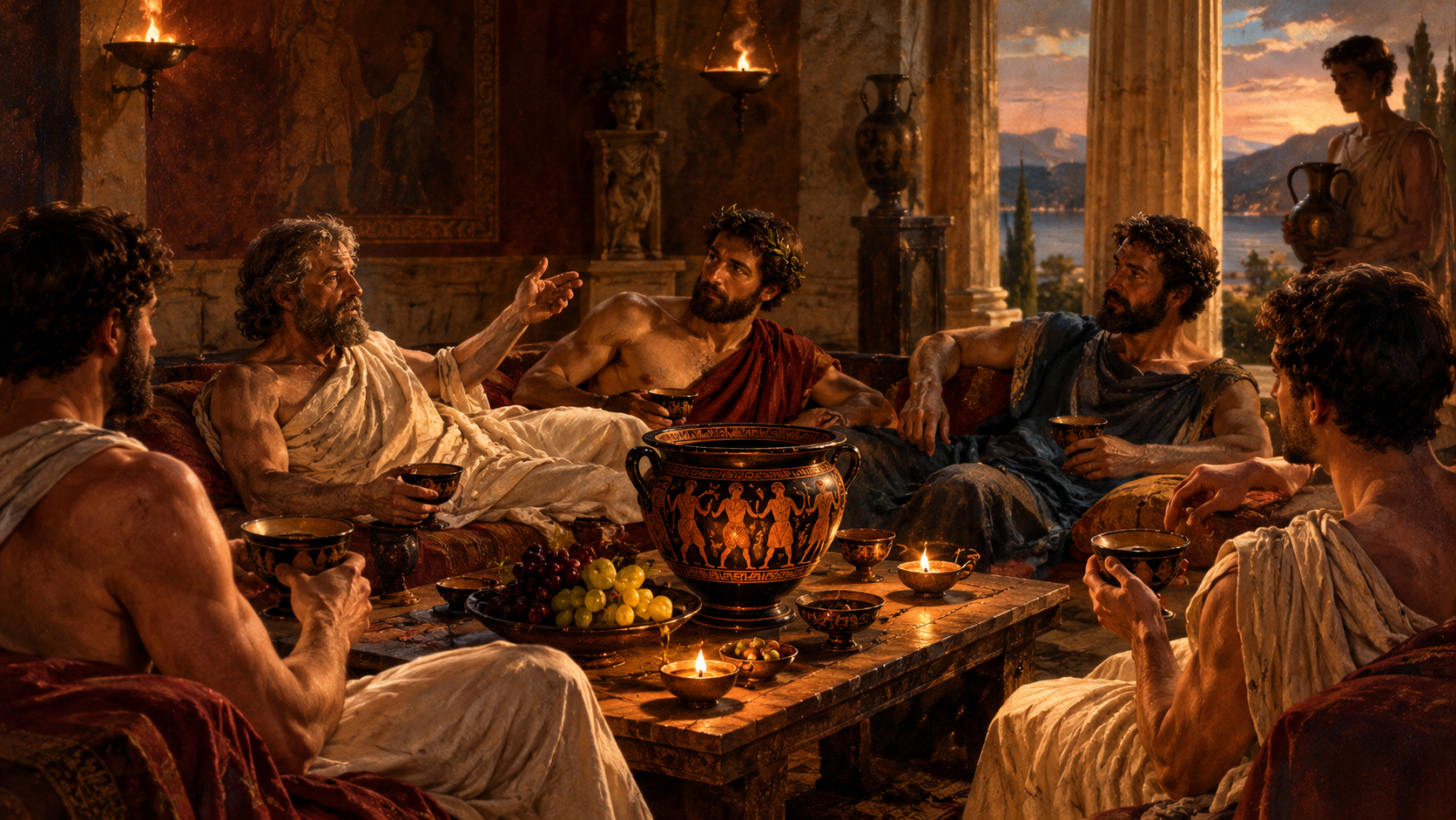 Vasijas y copas de vino en una escena inspirada en los simposios de la Grecia antigua