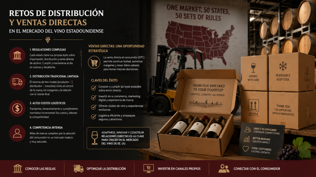 Retos de distribución y ventas directas en el mercado del vino estadounidense.