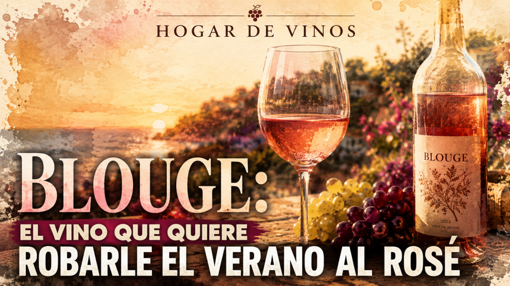 Botella de vino Blouge junto a uvas blancas y tintas